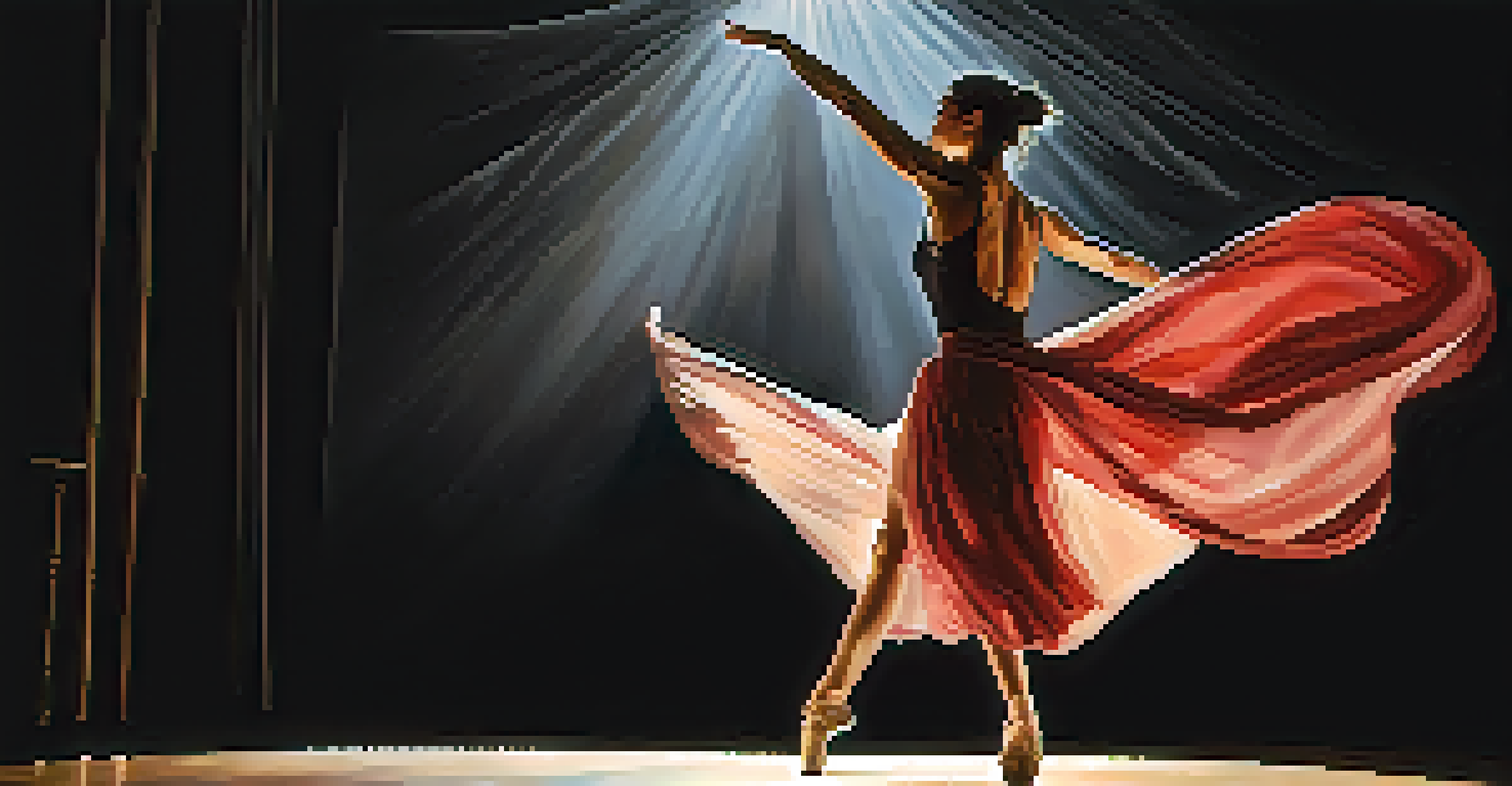 A solo dancer performing a contemporary piece in a dimly lit theater, embodying emotions of love and loss with flowing fabrics and expressive movements.