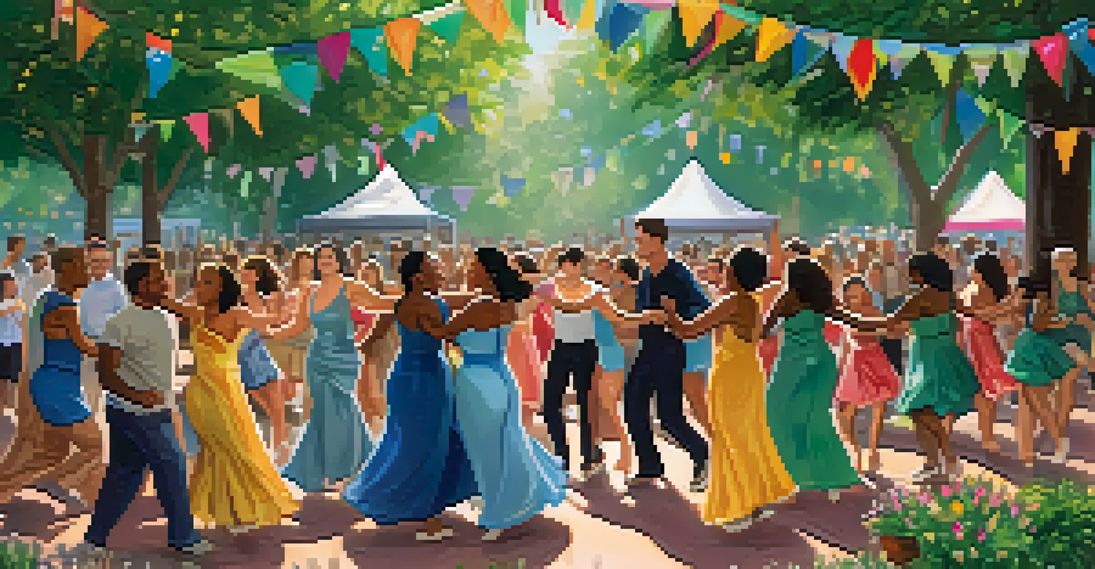 An outdoor dance event in a park with dancers performing, surrounded by greenery and decorations, while families and friends watch and celebrate inclusivity.