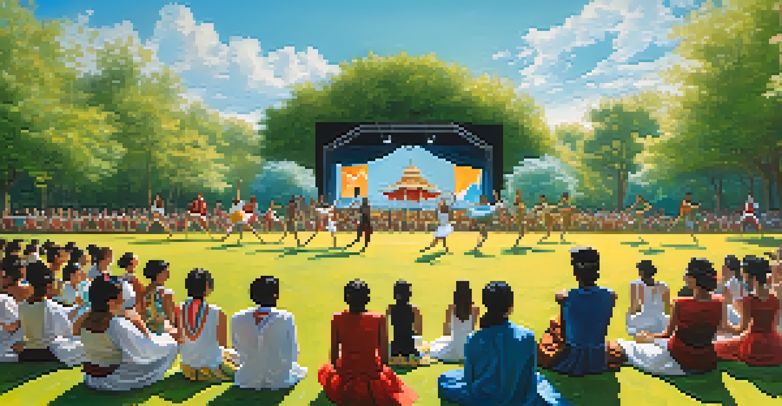 Dancers performing outdoors in a park, surrounded by an engaged audience, with cultural decorations in the background.