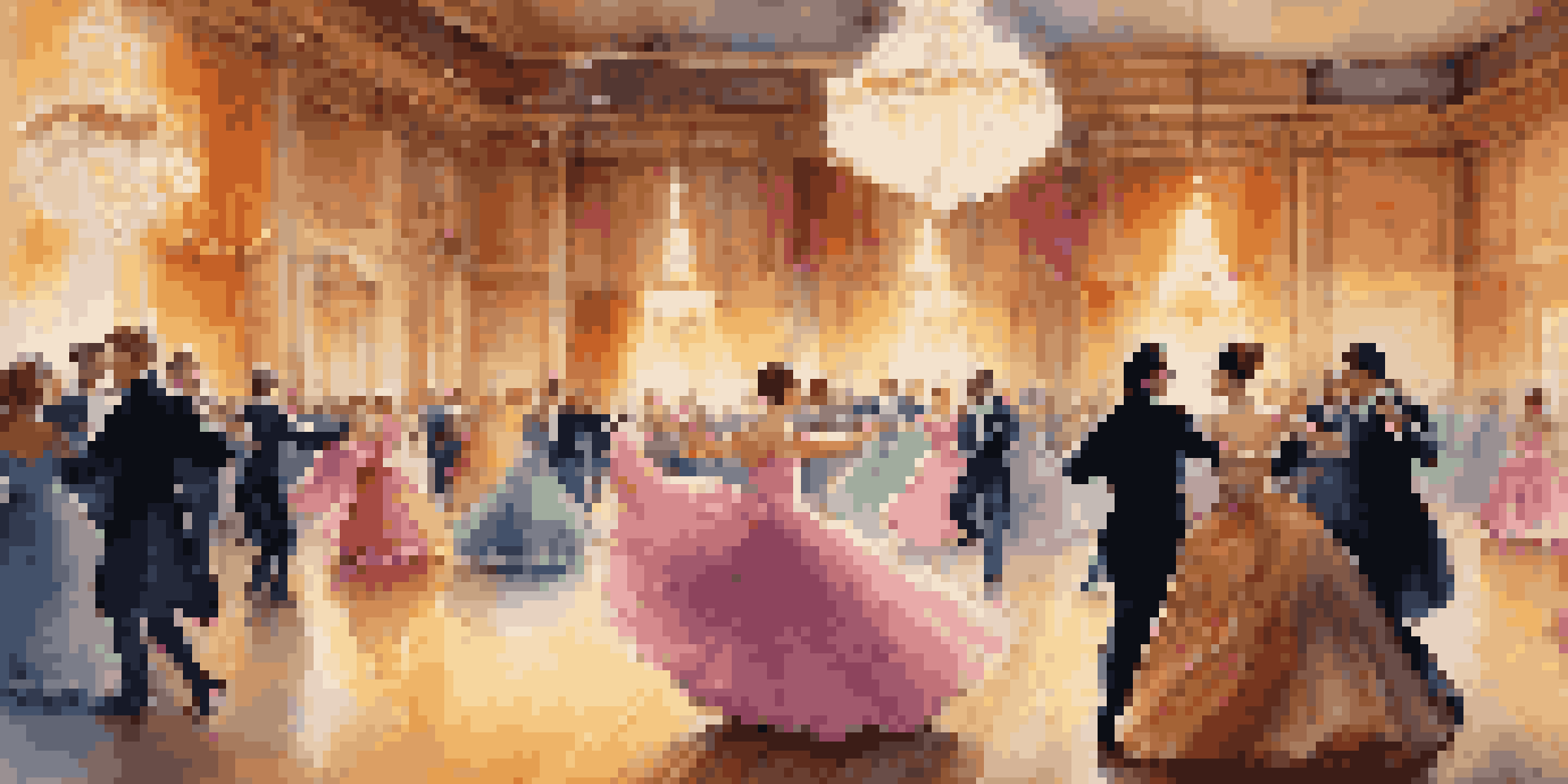 A ballroom filled with elegantly dressed dancers waltzing under chandeliers, creating a joyful and graceful atmosphere.
