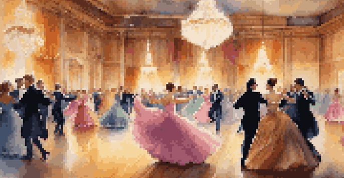 A ballroom filled with elegantly dressed dancers waltzing under chandeliers, creating a joyful and graceful atmosphere.
