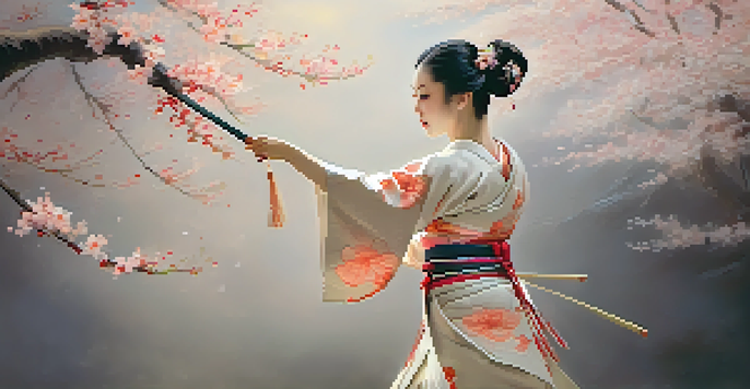 A dancer in a flowing kimono performs traditional Japanese dance on stage, surrounded by cherry blossoms and warm lighting.