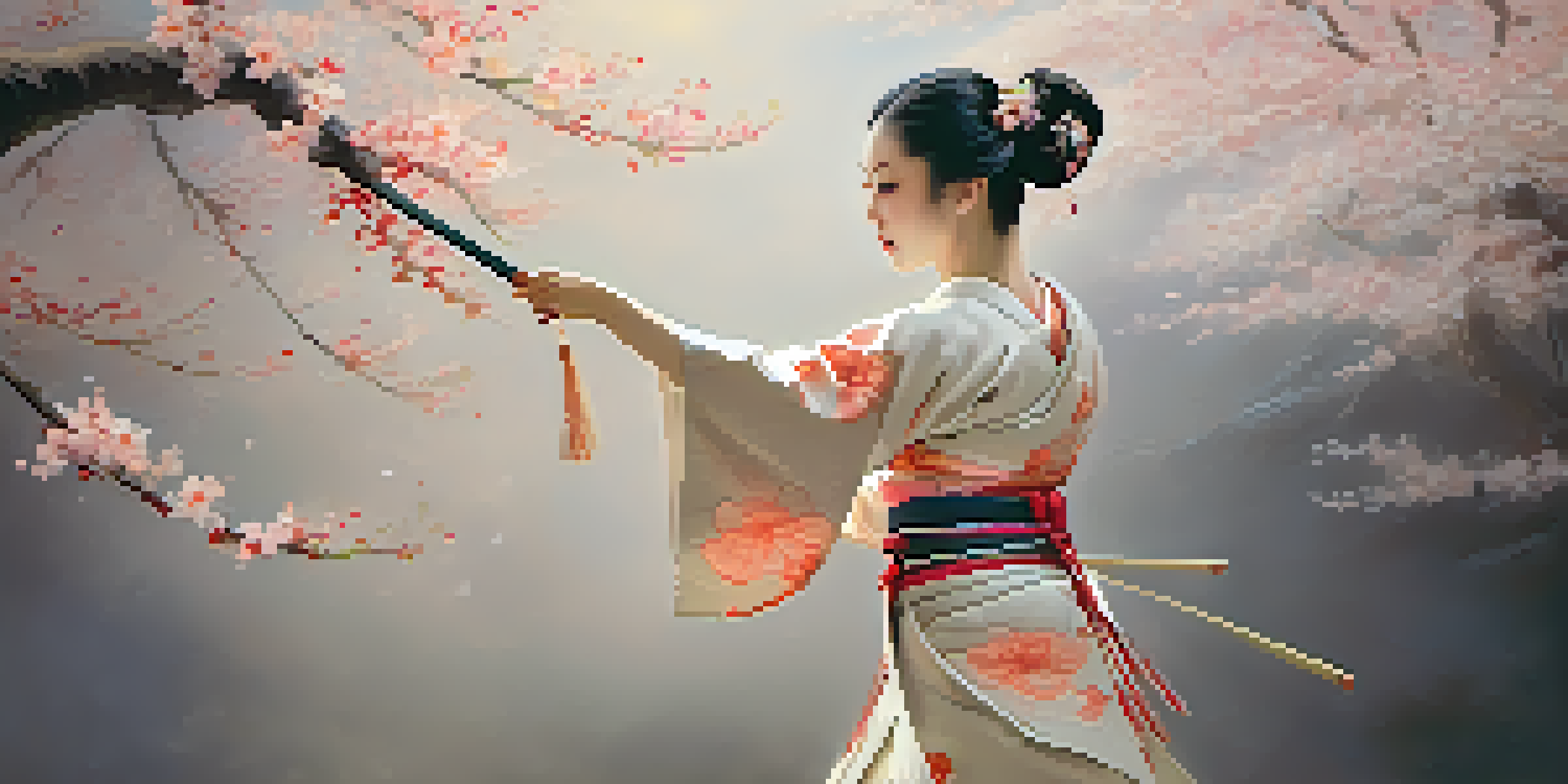 A dancer in a flowing kimono performs traditional Japanese dance on stage, surrounded by cherry blossoms and warm lighting.