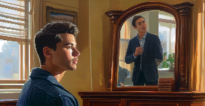 A person rehearsing a speech in front of a mirror, reflecting their expressions and gestures in a warm, cozy room.