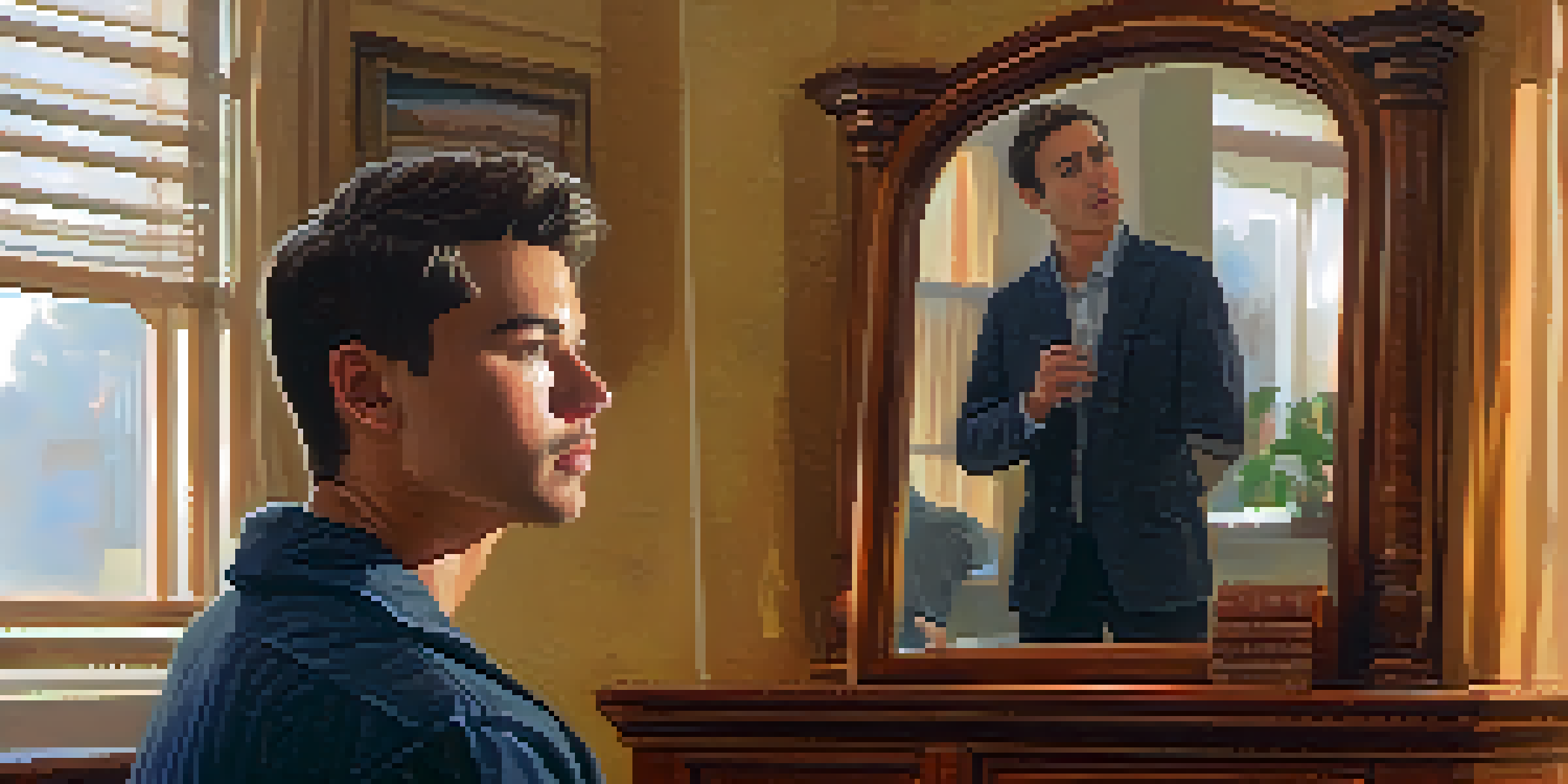 A person rehearsing a speech in front of a mirror, reflecting their expressions and gestures in a warm, cozy room.