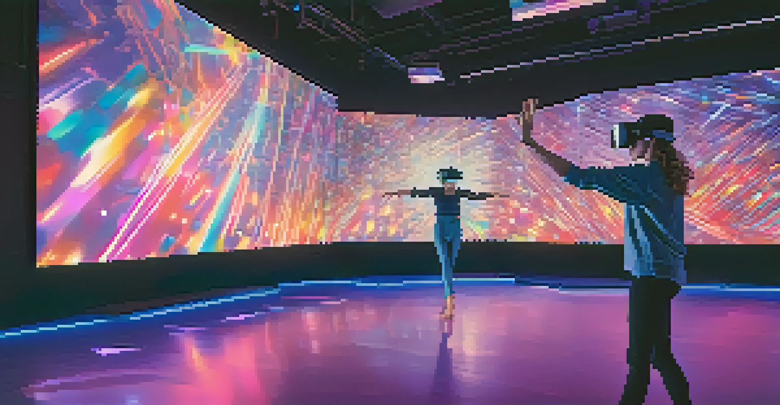 A dancer in a modern studio wearing a VR headset, interacting with holographic dance visuals and a digital interface.