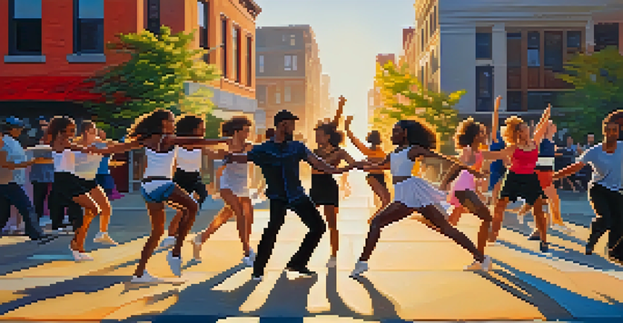 A diverse group of dancers performing in an urban setting, surrounded by colorful street art, illuminated by warm sunlight.