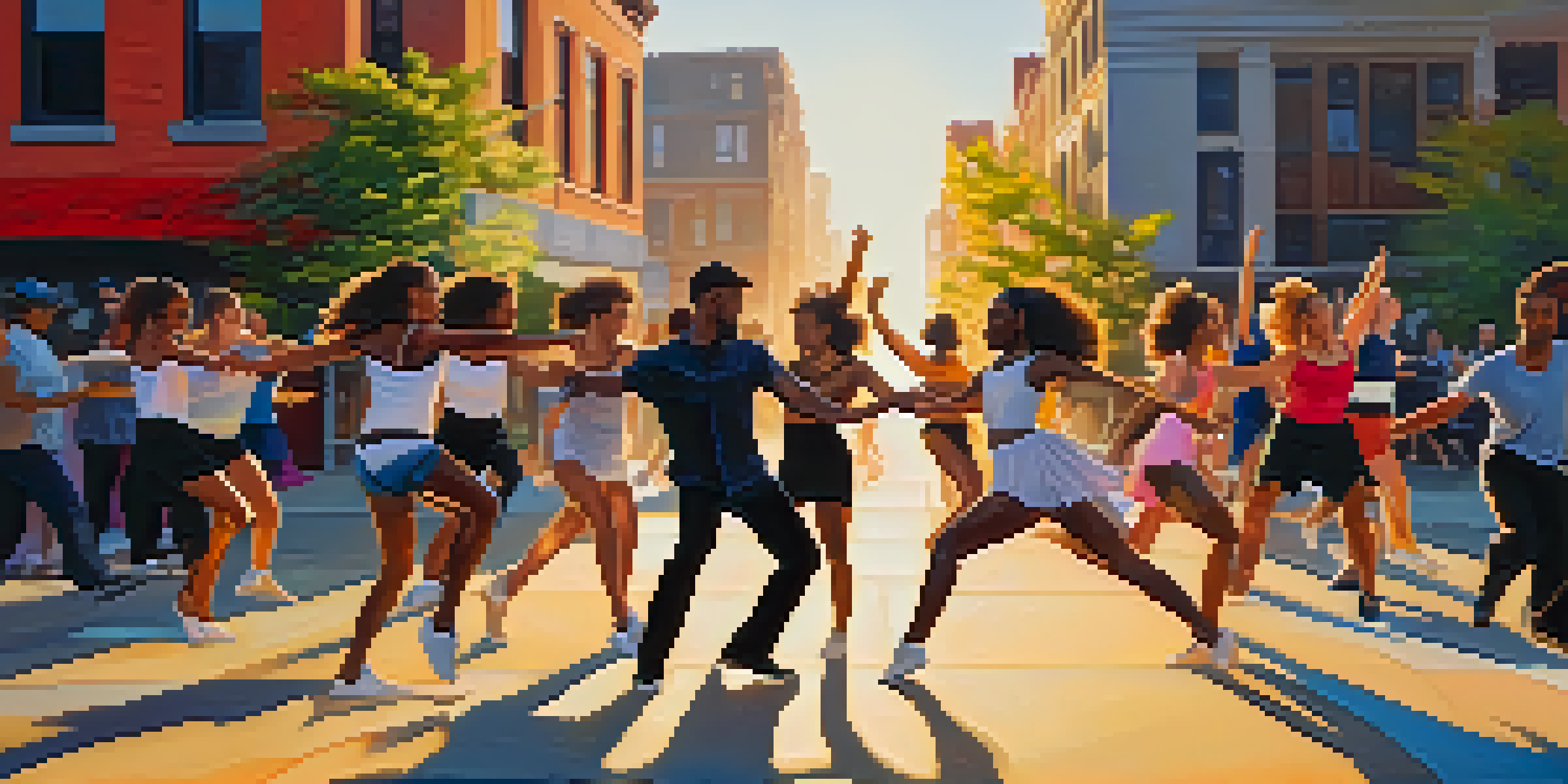 A diverse group of dancers performing in an urban setting, surrounded by colorful street art, illuminated by warm sunlight.