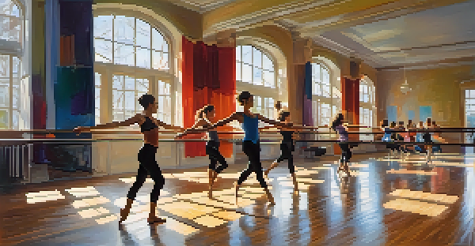 A lively dance studio with dancers practicing in colorful attire, large mirrors, and natural light streaming through windows, featuring a dancer leaping gracefully in the foreground.