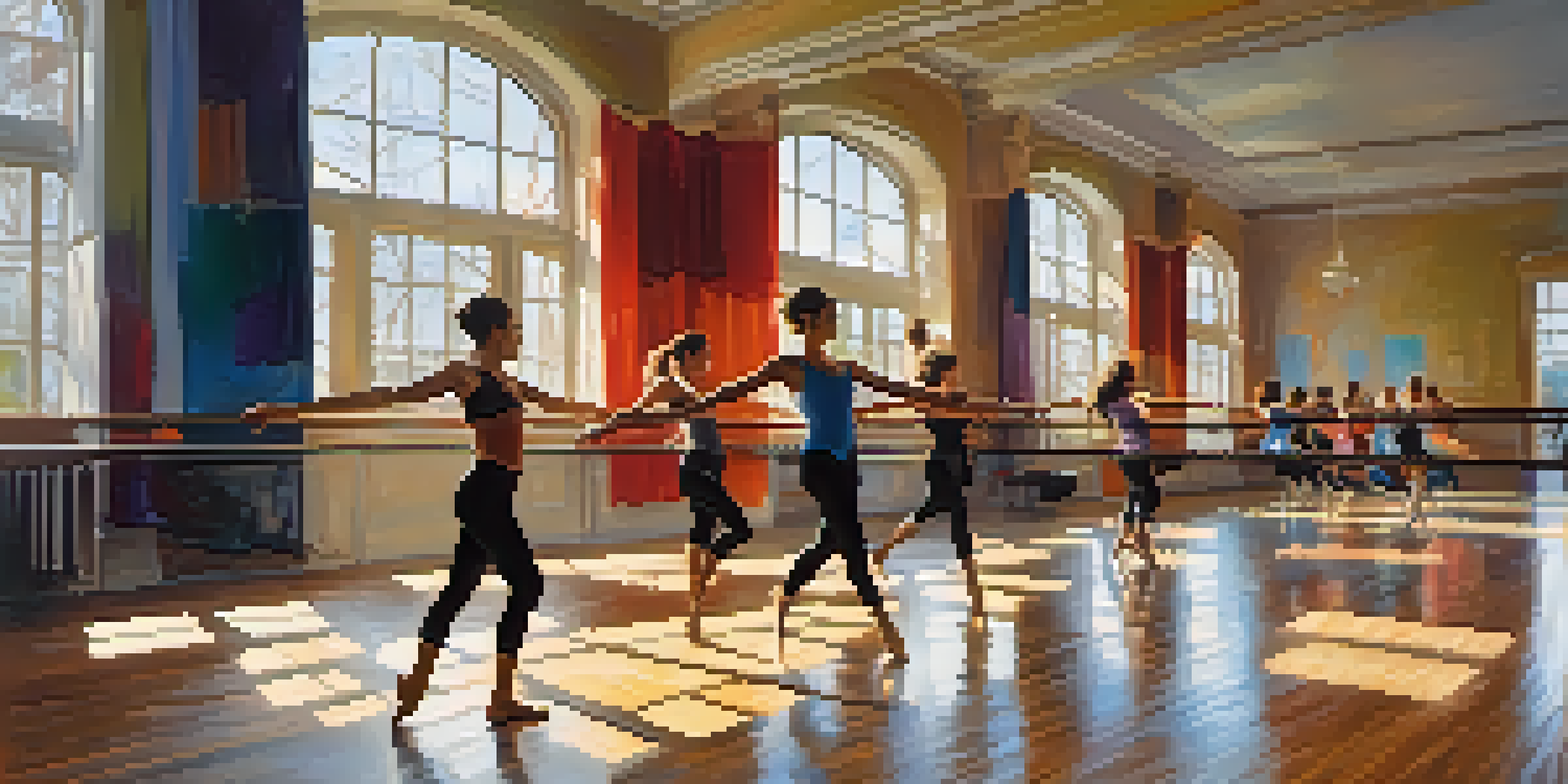 A lively dance studio with dancers practicing in colorful attire, large mirrors, and natural light streaming through windows, featuring a dancer leaping gracefully in the foreground.