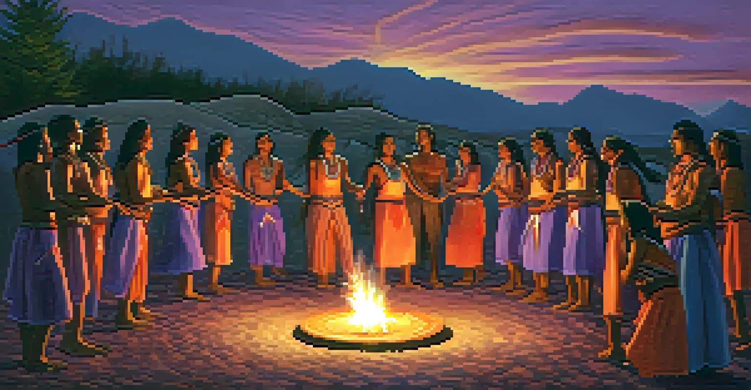 A group of Native American dancers holding hands in a circle during a healing dance at sunset, with drums in the foreground and vibrant sky colors.