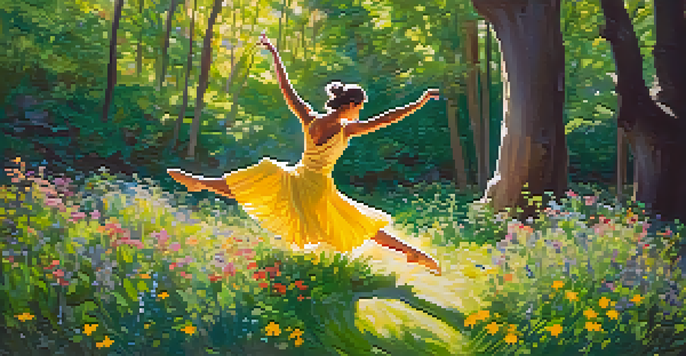 A person dancing in a sunlit forest, surrounded by wildflowers, showcasing joyful expression and mindfulness.