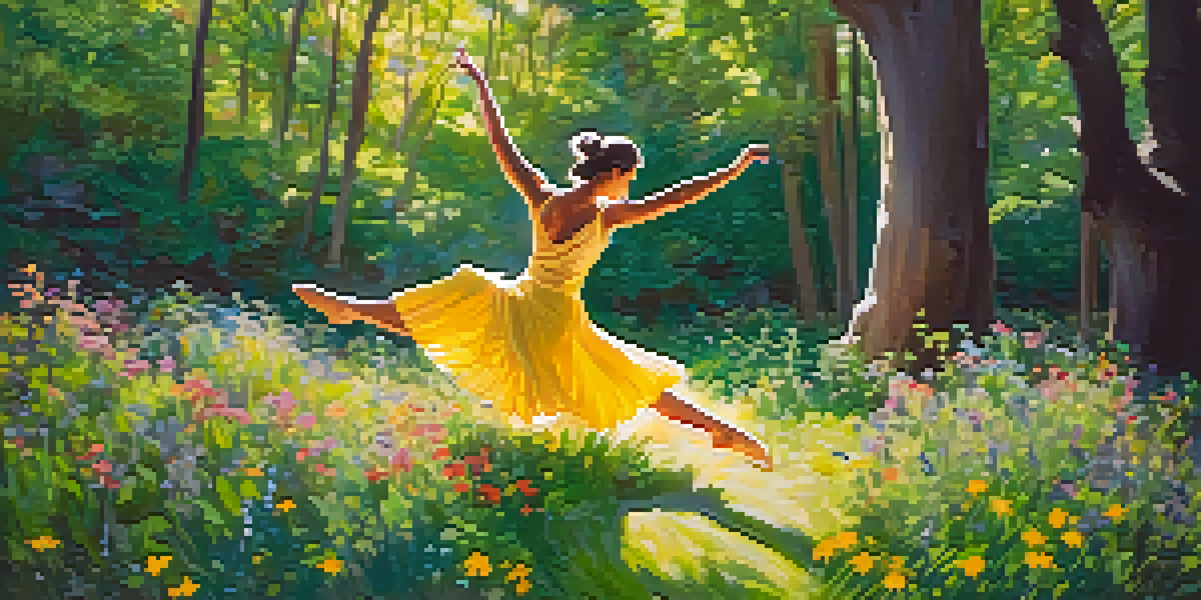 A person dancing in a sunlit forest, surrounded by wildflowers, showcasing joyful expression and mindfulness.