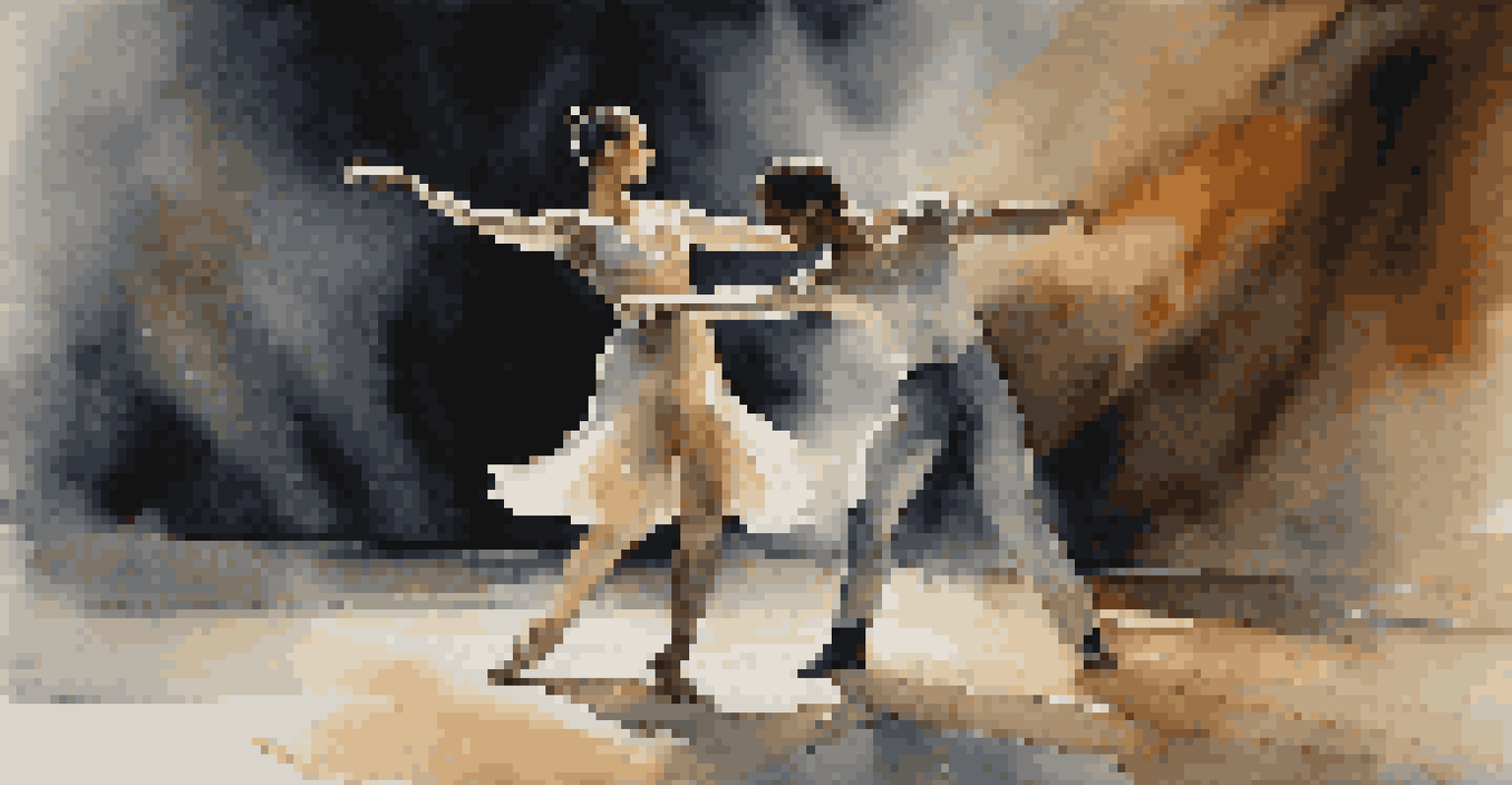 Two dancers on stage in a dramatic performance, expressing vulnerability and trust, highlighted by spotlights against a dark background.