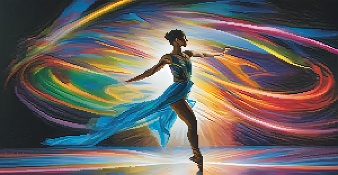 A dancer performing on stage with colorful animations projected behind them, creating a mesmerizing visual experience.