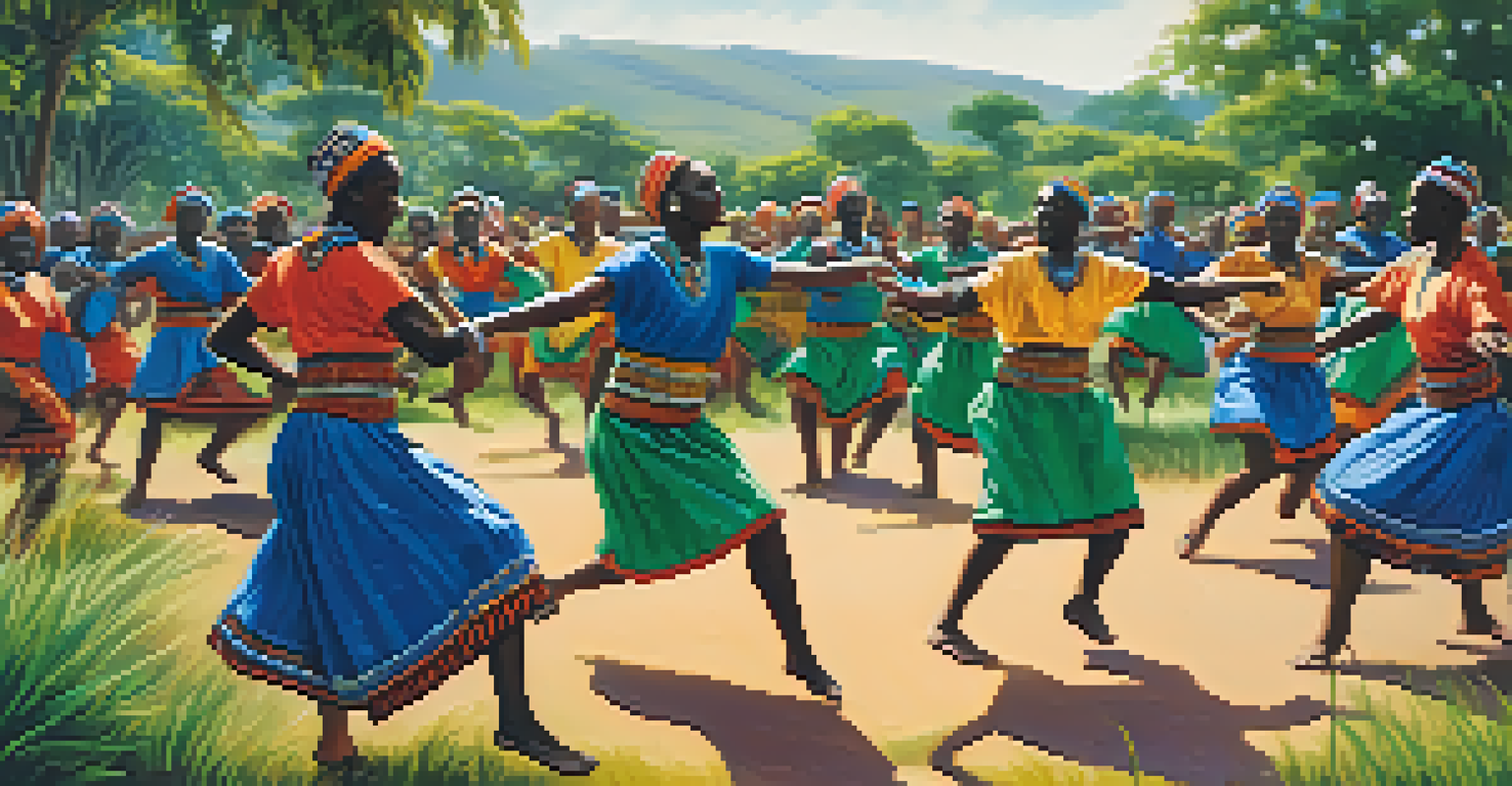 Dancers in vibrant costumes performing a traditional African dance outdoors, accompanied by drummers in a lush landscape.