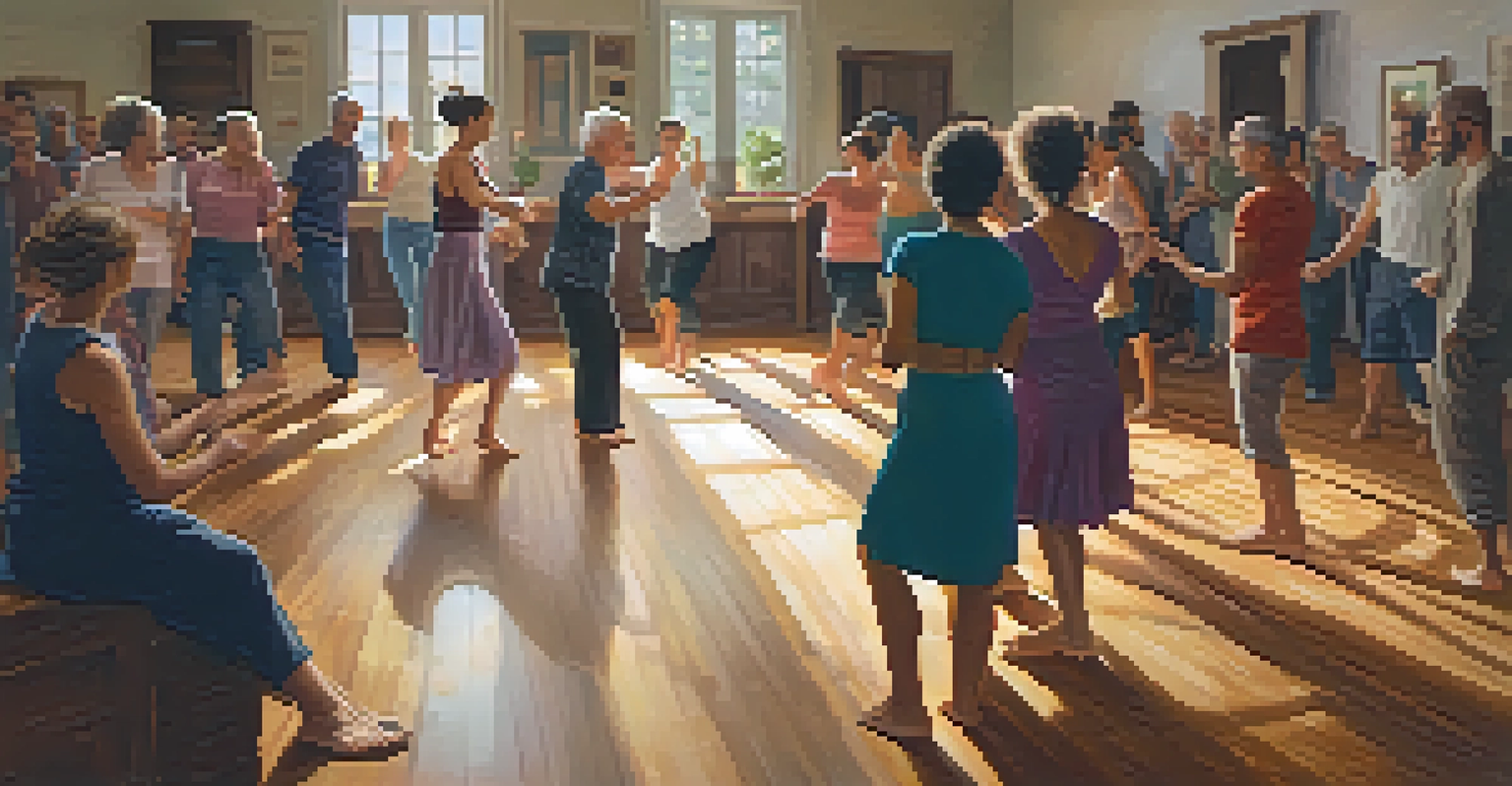 A diverse group of individuals dancing in a warm-lit room, expressing themselves through movement in a supportive circle.