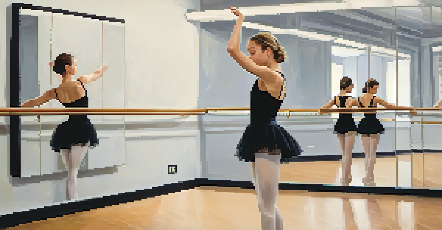 A young dancer practicing in a sunlit rehearsal studio with mirrors and inspirational quotes on the walls.