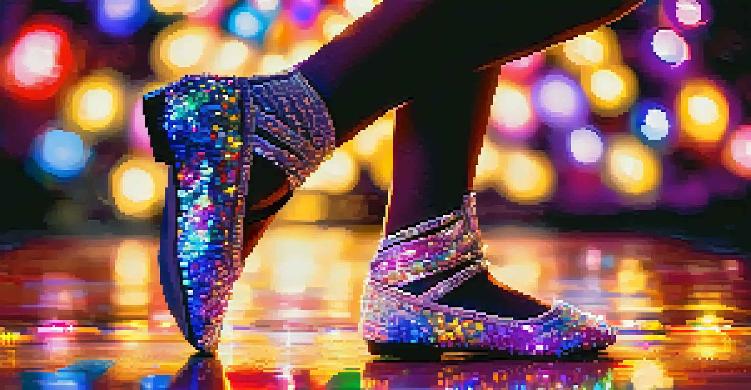 A close-up of a young dancer's sequined shoes performing intricate footwork on a brightly lit stage, with a blurred audience in the background.
