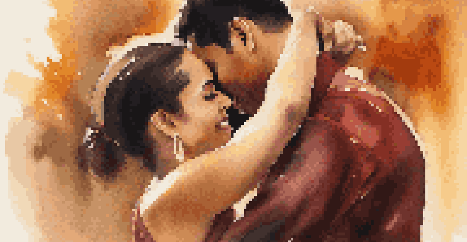 Two dancers in a close embrace during a salsa dance, expressing joy and concentration in a softly lit environment.