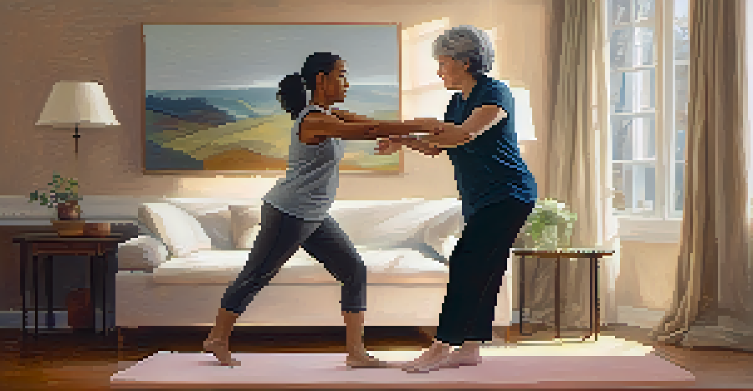 A dance therapist demonstrating movements to a young participant in a cozy room, highlighting the supportive atmosphere of dance therapy.
