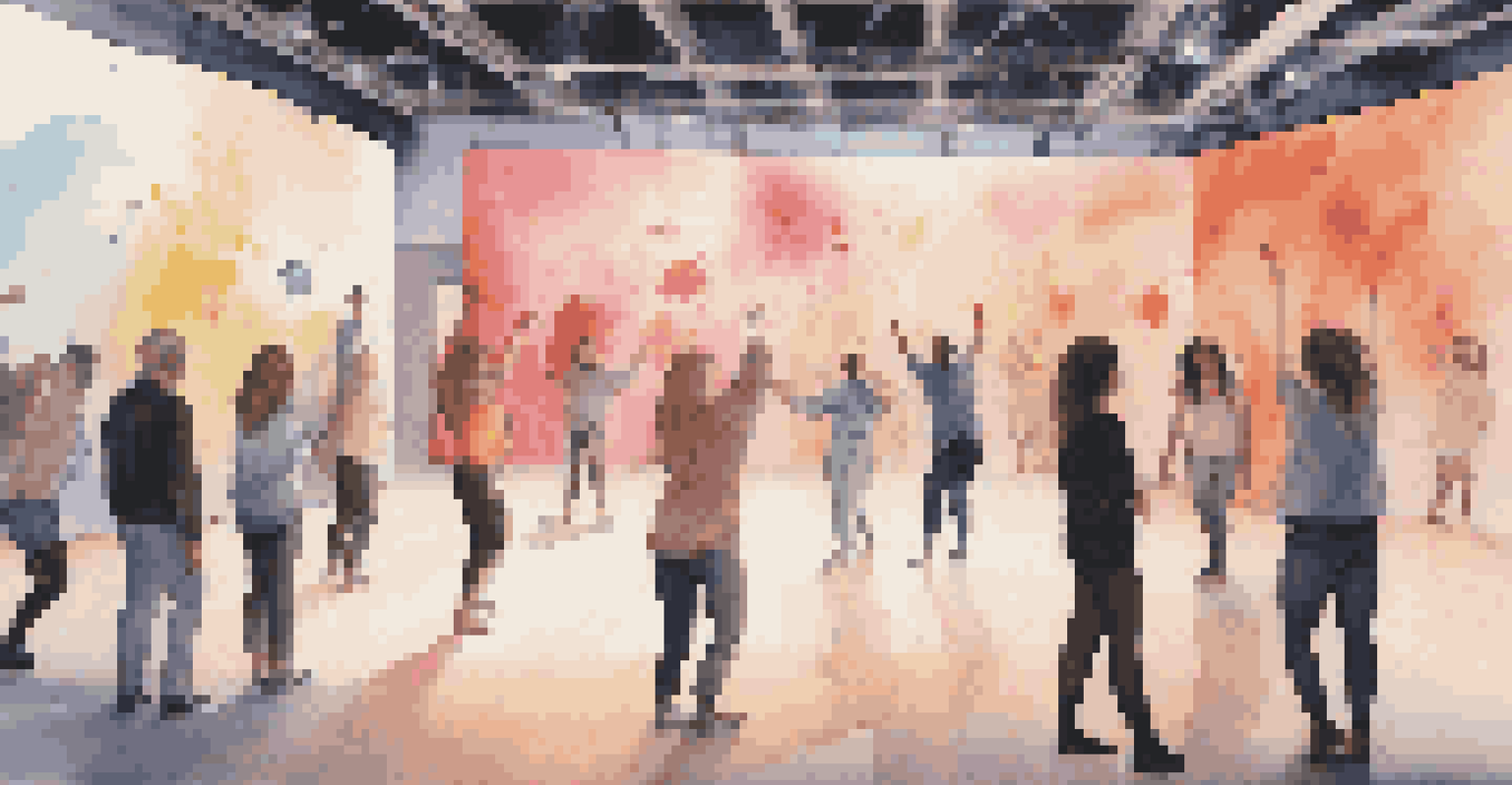 A dance installation space bustling with participants, colorful hanging lights, and animated visuals on a large screen, reflecting collaboration and joy.