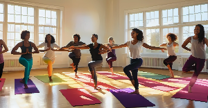 A group of diverse individuals engaging in a dance therapy session in a bright, sunlit studio, expressing joy and freedom through movement.
