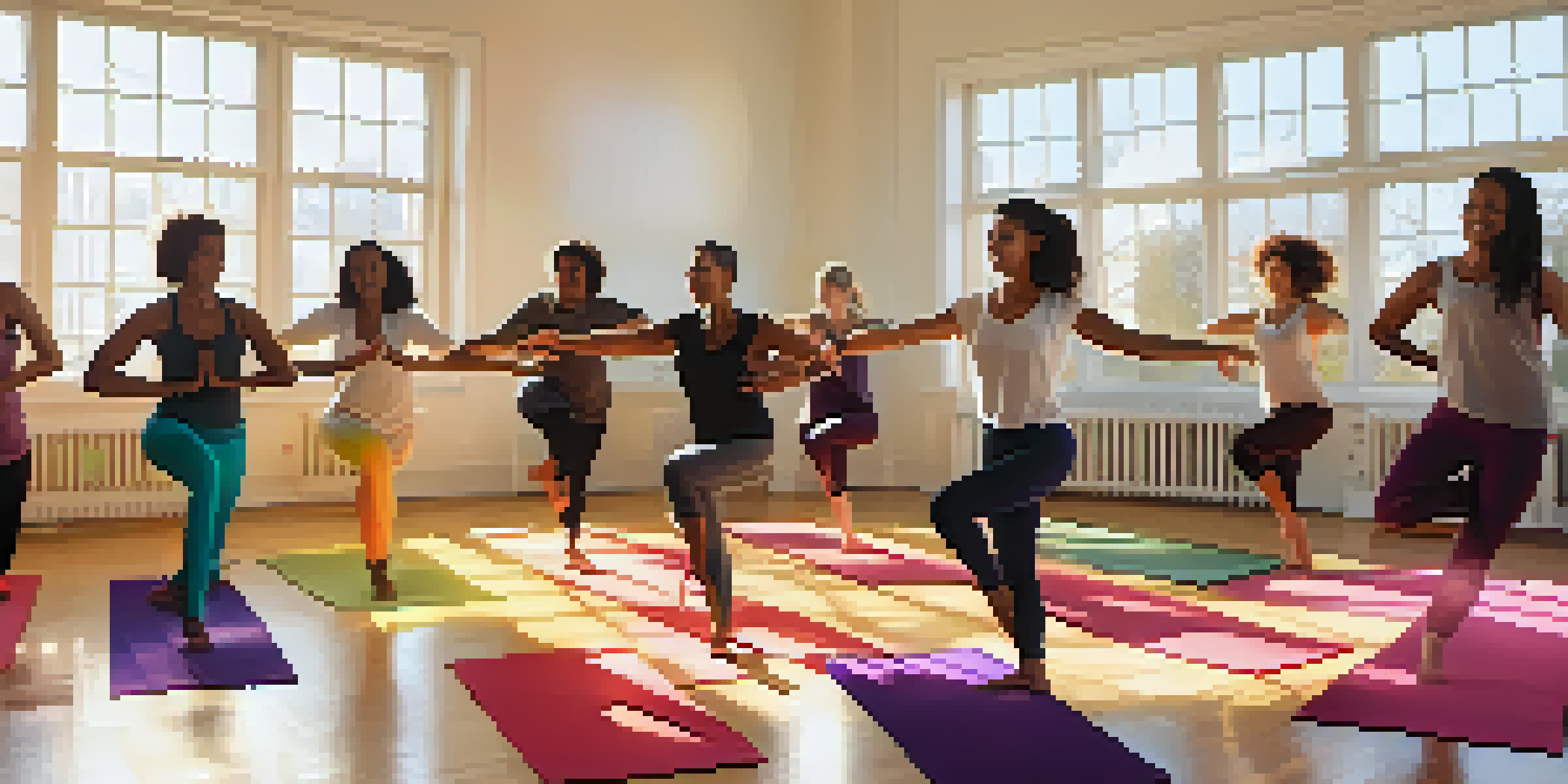 A group of diverse individuals engaging in a dance therapy session in a bright, sunlit studio, expressing joy and freedom through movement.