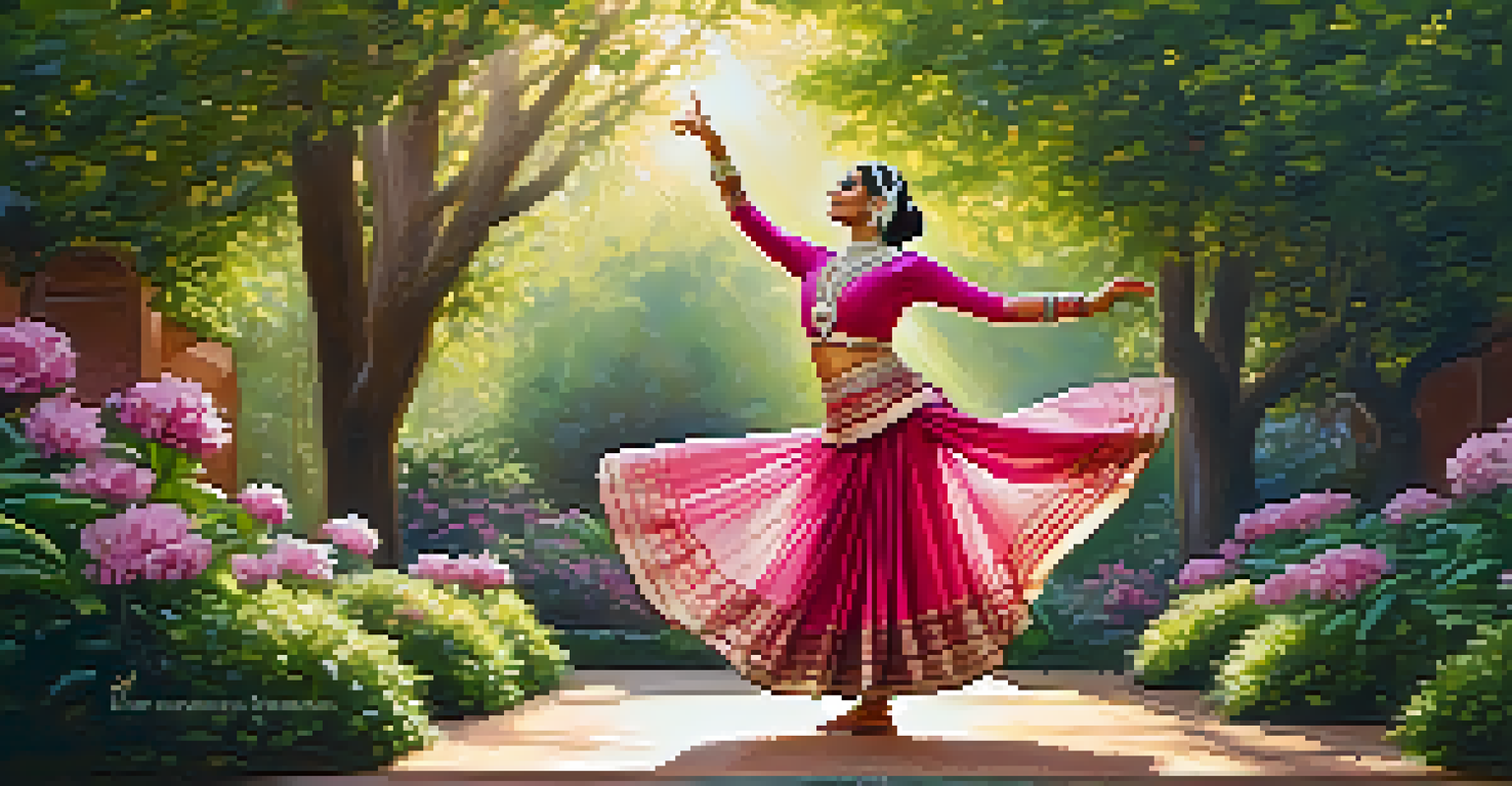 An Indian classical dancer performing in a beautiful garden, surrounded by flowers and dappled sunlight.