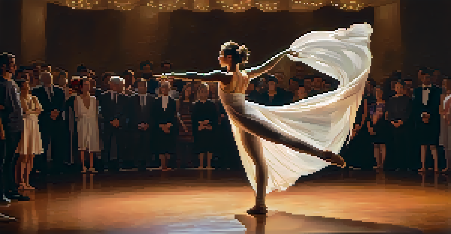 A dancer performing a solo piece on a small stage with warm lighting, showcasing deep emotion and connection with an audience.