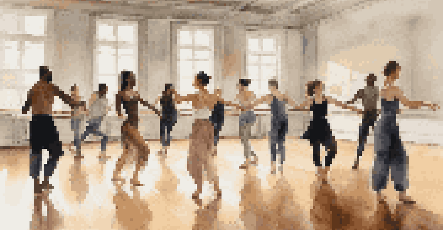 A diverse group of dancers in a rehearsal studio, collaborating on choreography, surrounded by mirrors and creative notes.