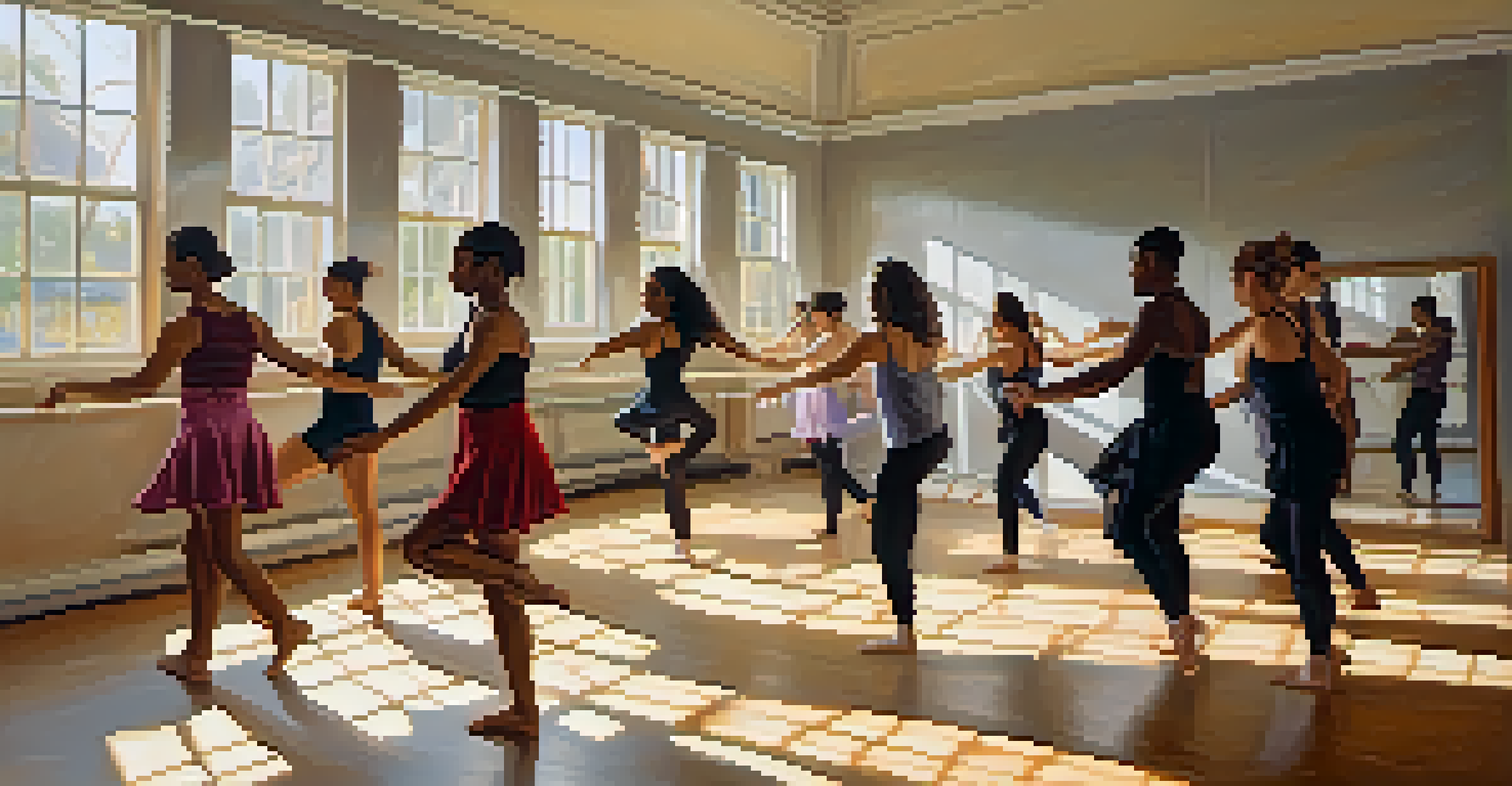 A sunlit dance studio with diverse dancers practicing together, reflecting collaboration and cultural exchange, with mirrors on the walls and natural light streaming in.