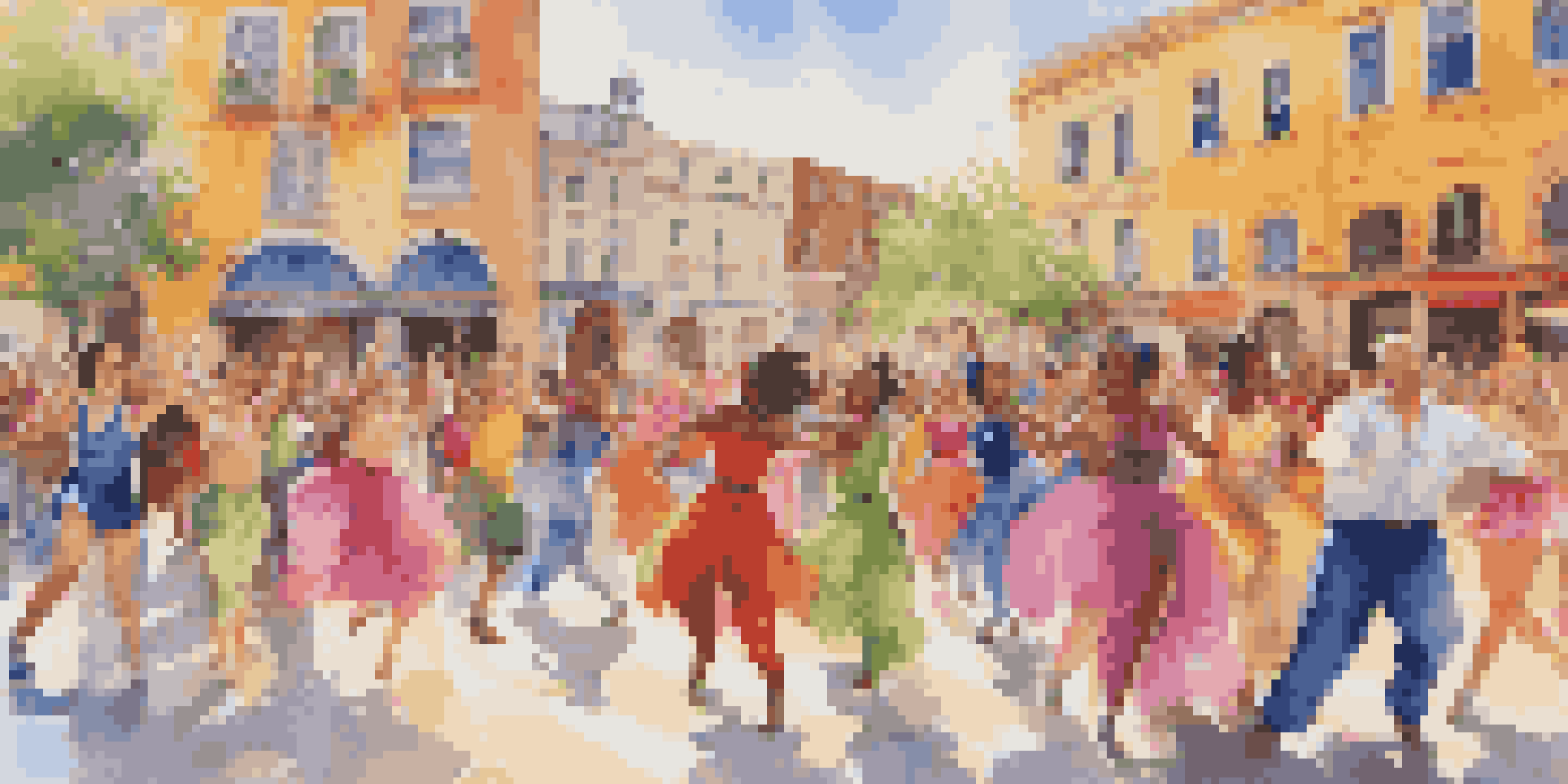 A lively flash mob in a city square with dancers in colorful costumes, a historical mural in the background, and engaged onlookers.