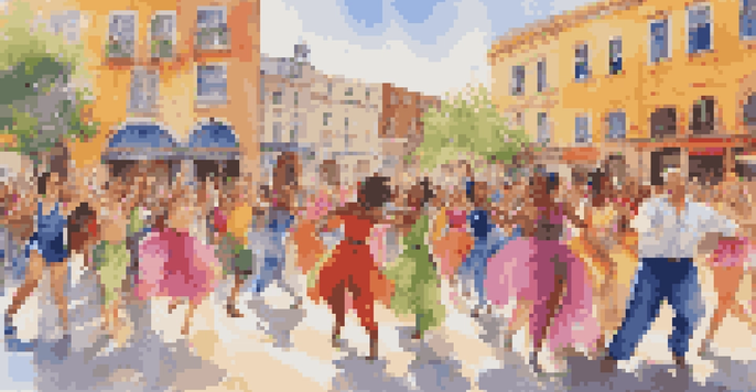 A lively flash mob in a city square with dancers in colorful costumes, a historical mural in the background, and engaged onlookers.