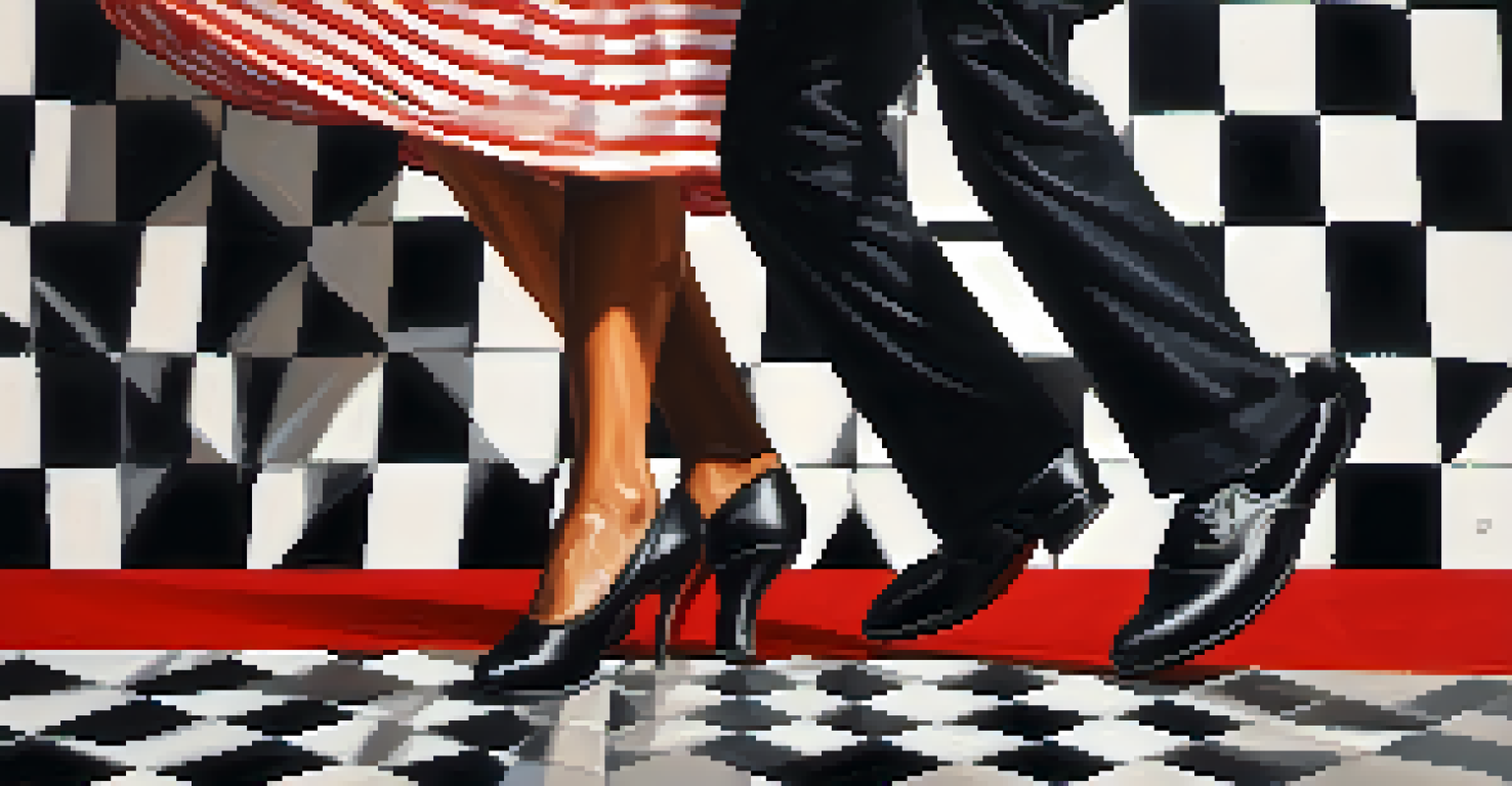Close-up of dancers' feet showcasing intricate footwork in a lively swing dance, with a checkered floor and bright spotlight.