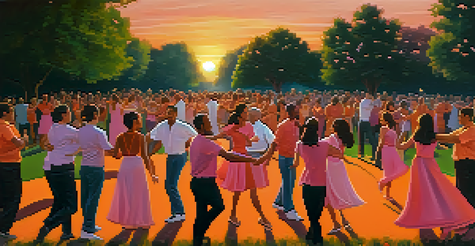 A group of dancers enjoying an outdoor dance event at sunset, surrounded by nature.