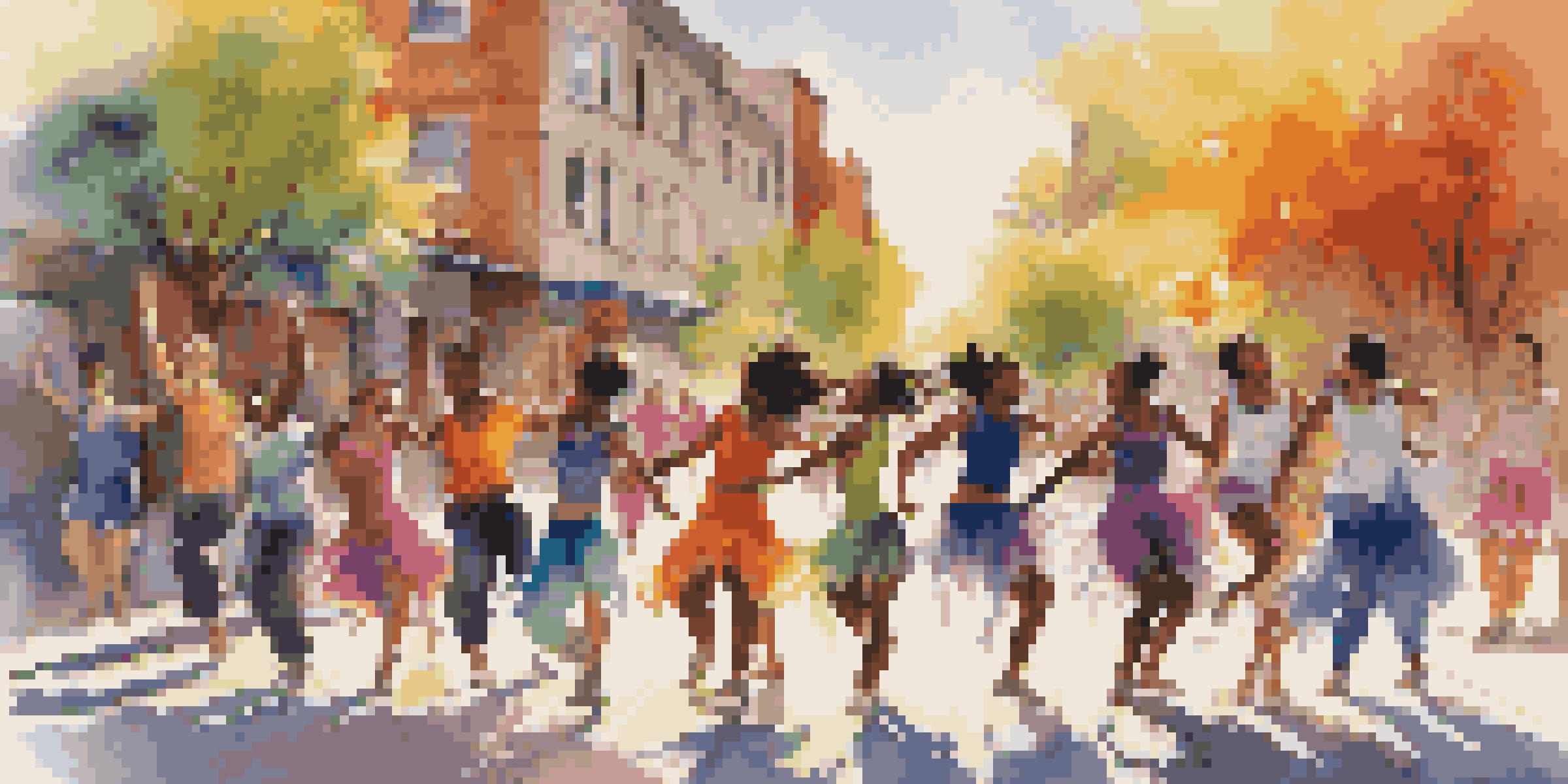 A diverse group of young dancers performing a lively contemporary dance routine in an urban setting, surrounded by colorful graffiti and warm sunlight.