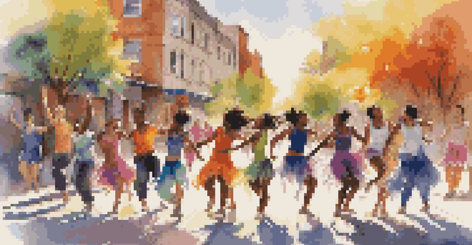 A diverse group of young dancers performing a lively contemporary dance routine in an urban setting, surrounded by colorful graffiti and warm sunlight.