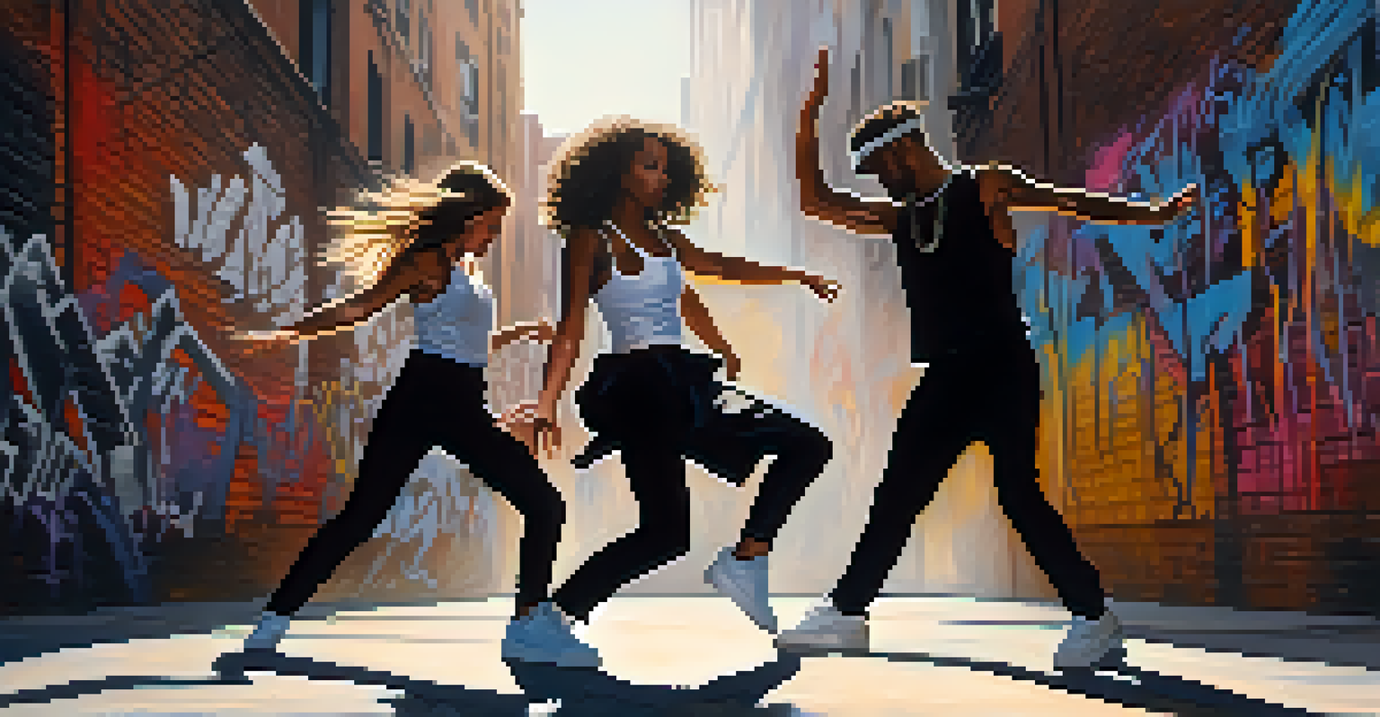 Dancers performing contemporary dance in an urban environment with graffiti walls, showcasing dynamic movements and stylish outfits.