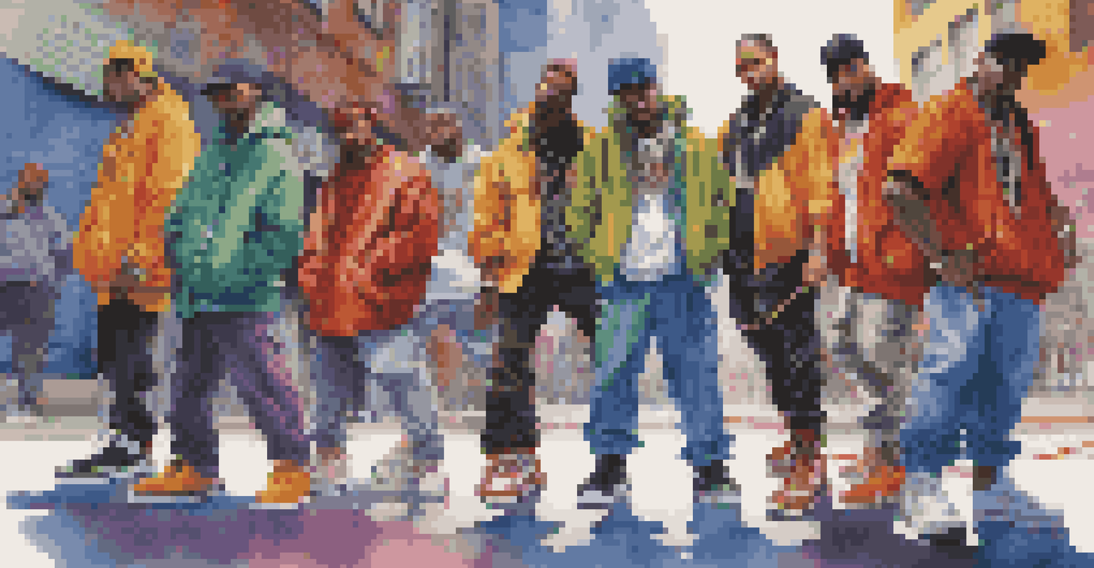 Hip-hop dancers in oversized clothing and sneakers performing against an urban graffiti backdrop.
