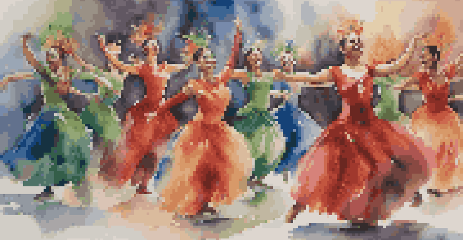 A group of dancers in colorful costumes performing energetically on stage under bright lights.