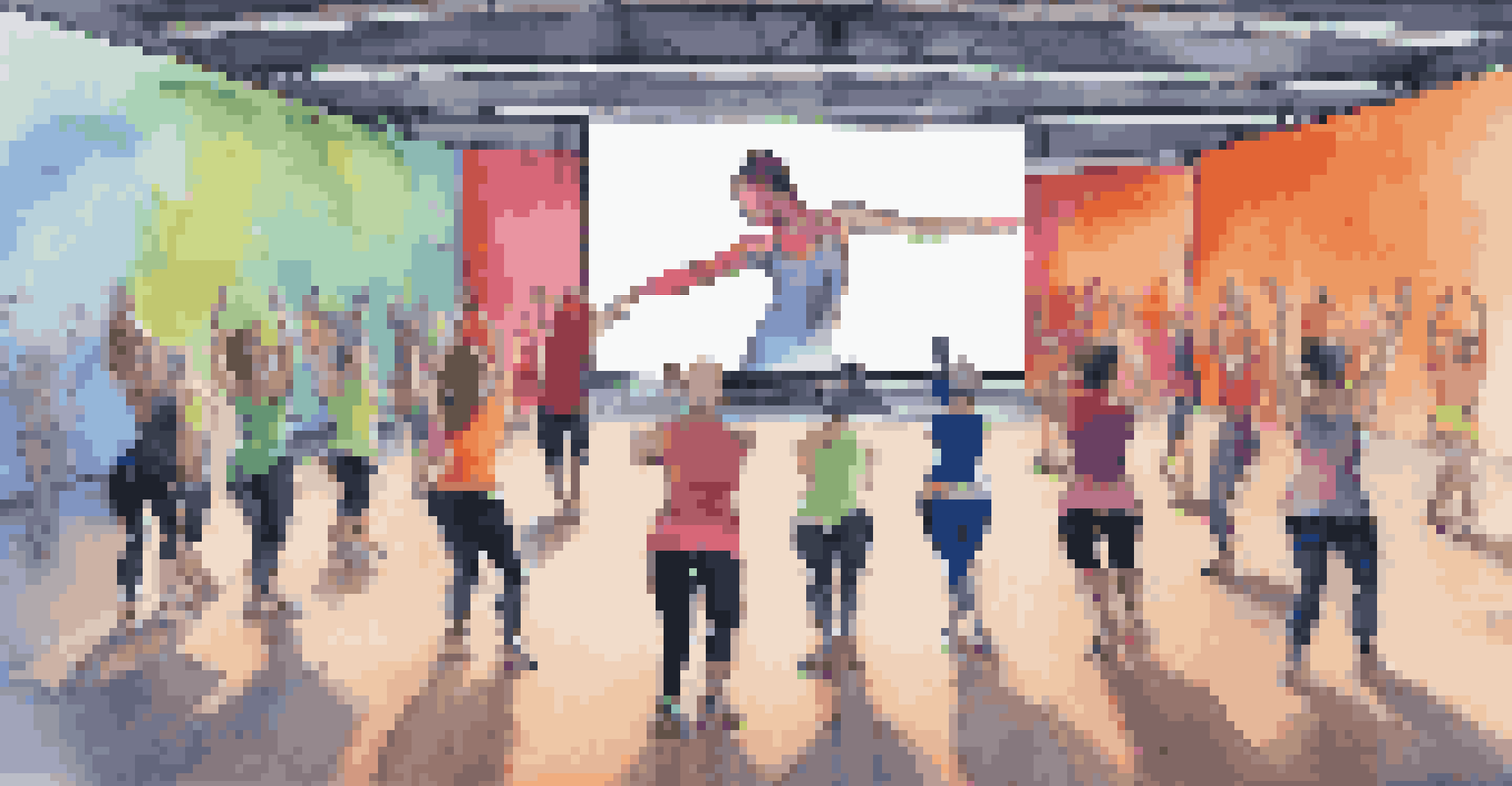 Dancers participating in a virtual rehearsal through video conferencing, with a choreographer on a laptop.