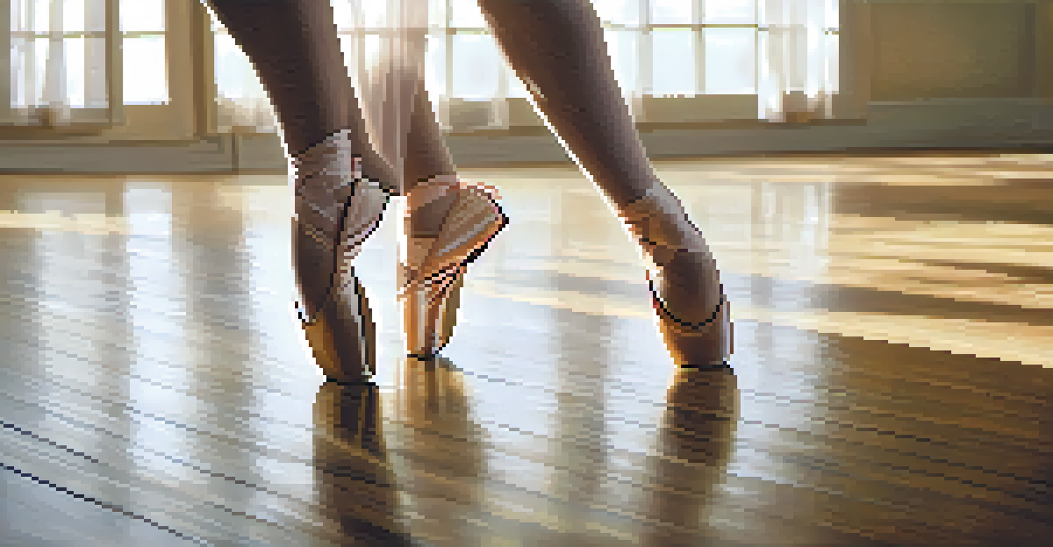 Close-up of a dancer's feet in ballet shoes on a polished wooden floor, showing precision.