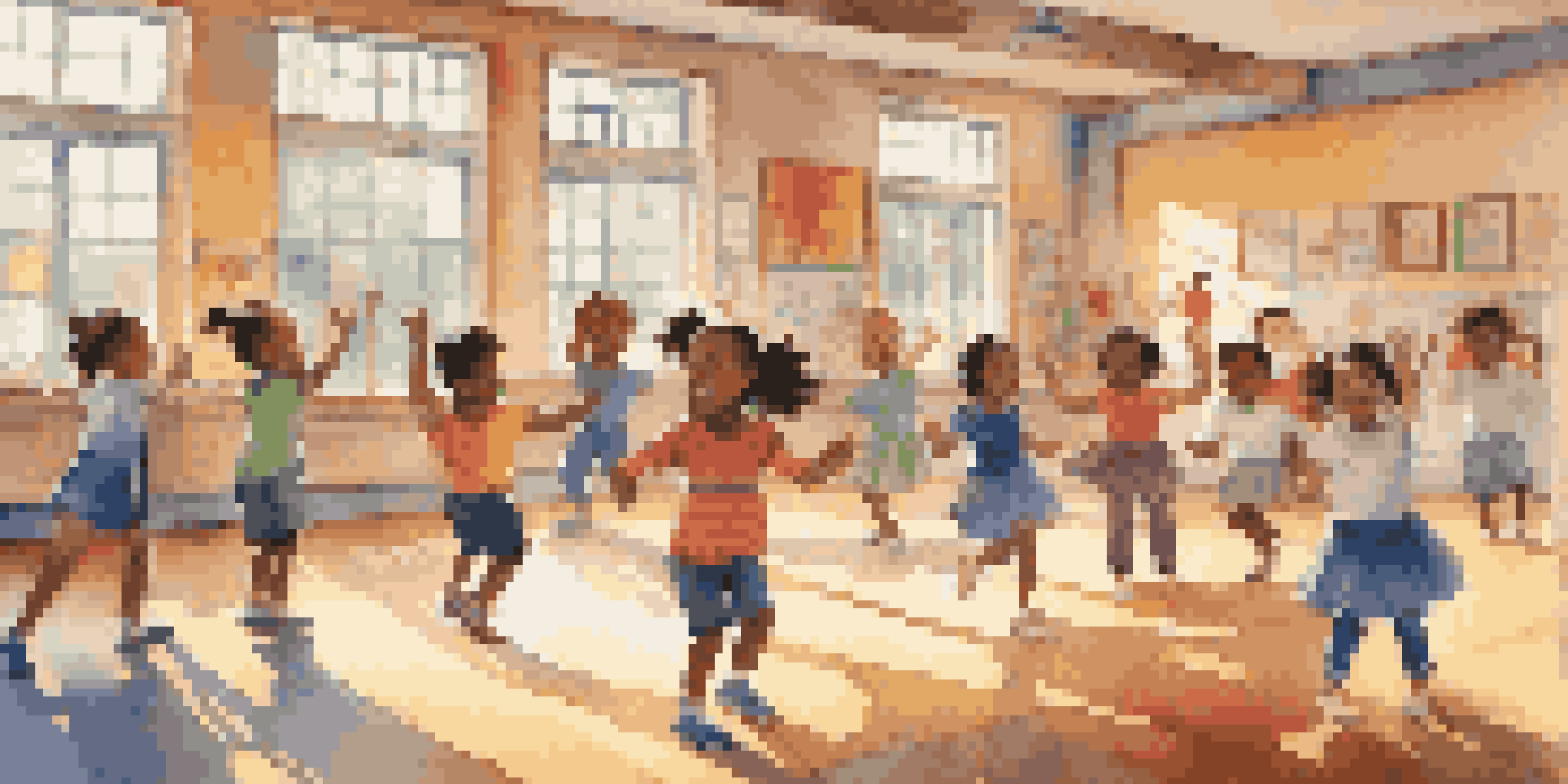 A vibrant classroom filled with children participating in a dance game, full of energy and joy, highlighted by colorful decorations and sunlight.