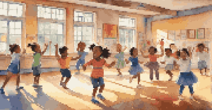 A vibrant classroom filled with children participating in a dance game, full of energy and joy, highlighted by colorful decorations and sunlight.