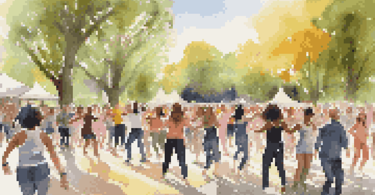 A flash mob in a park with diverse individuals dancing together in harmony, surrounded by trees and sunlight, creating a vibrant community atmosphere.