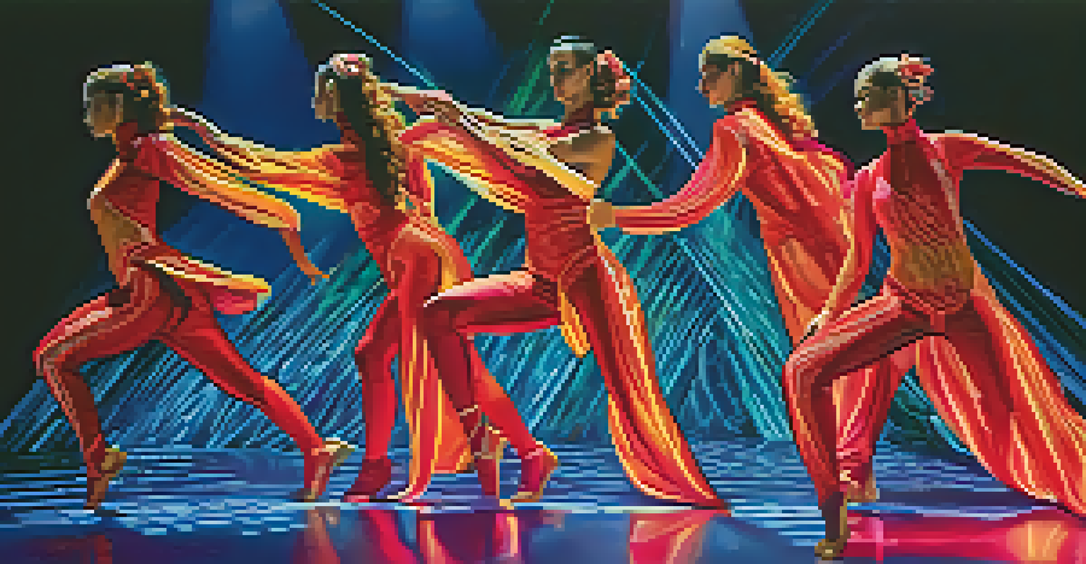 Futuristic dancers wearing dynamic costumes that change color and texture, performing on a stage with dramatic lighting effects, showcasing fluid movements.