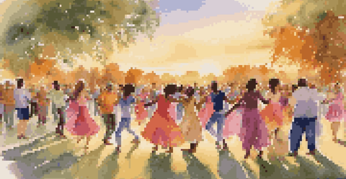 A diverse group of dancers of different ages and backgrounds joyfully dancing together in a park at sunset.