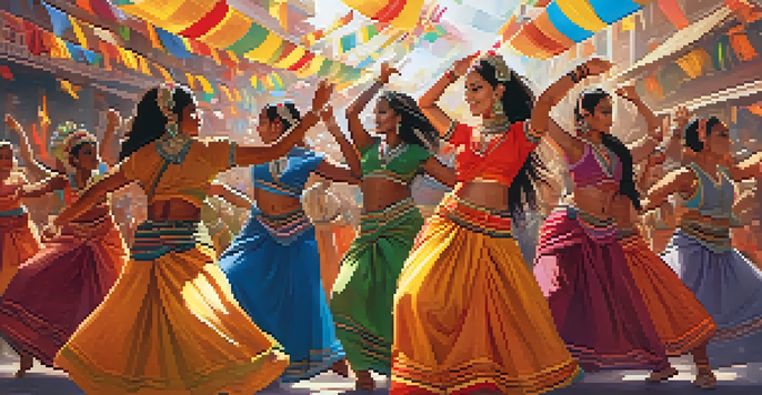A lively dance festival with diverse dancers in colorful traditional costumes performing together in front of an engaged audience.