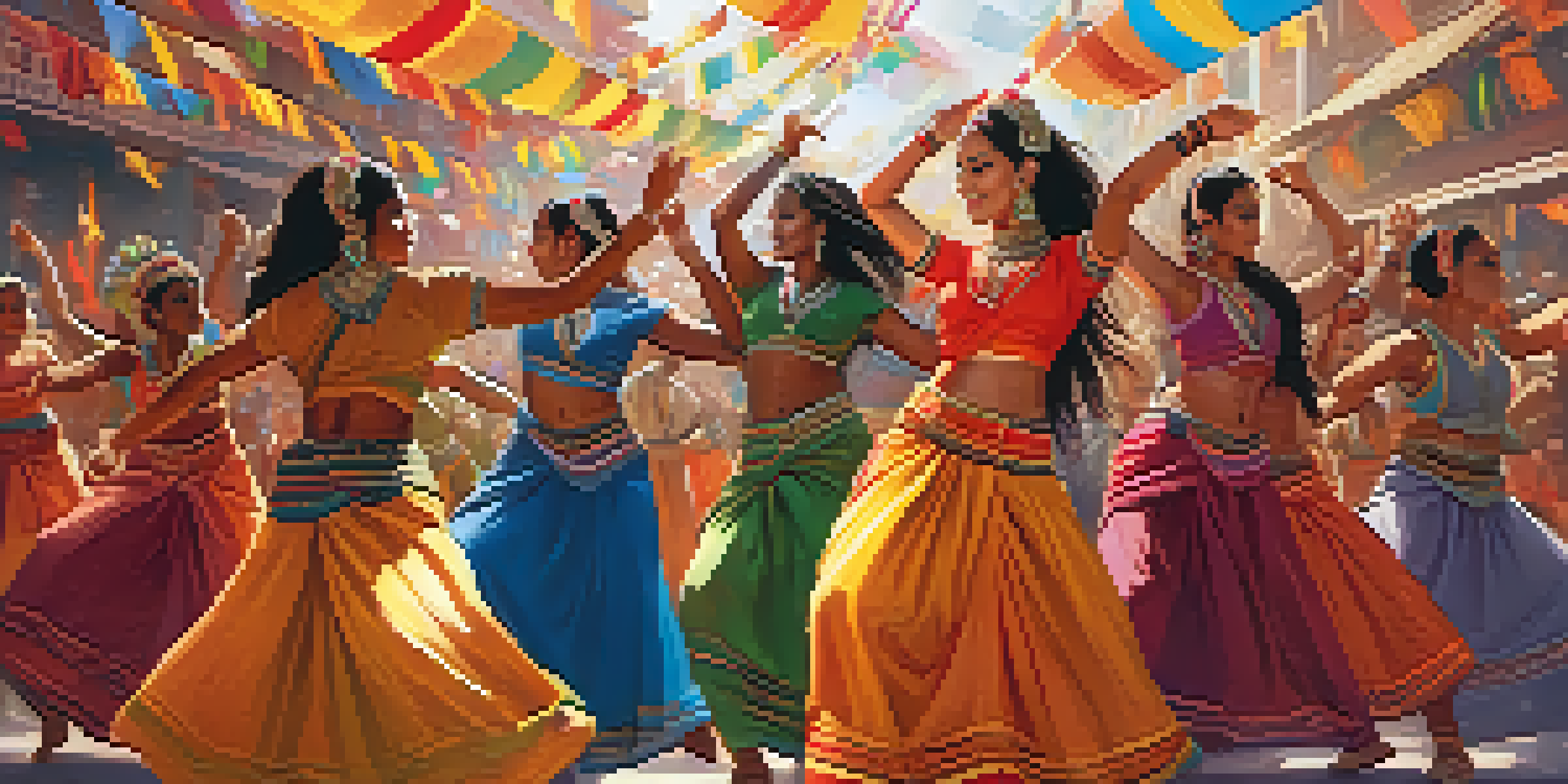 A lively dance festival with diverse dancers in colorful traditional costumes performing together in front of an engaged audience.
